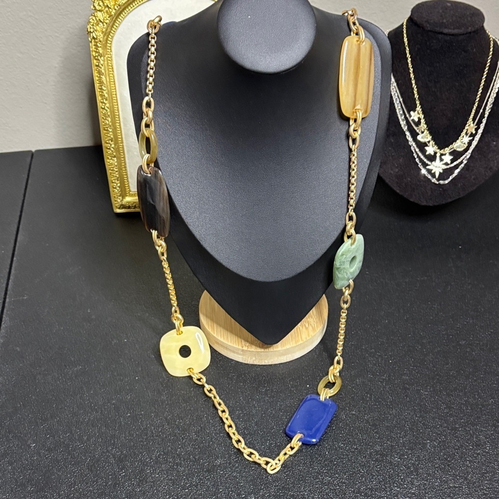 NWT Chico’s Multi Long Single Gold Tone Chain Station Colorful Boho Necklace